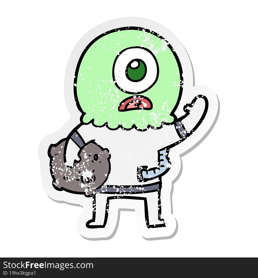 distressed sticker of a cartoon cyclops alien spaceman waving