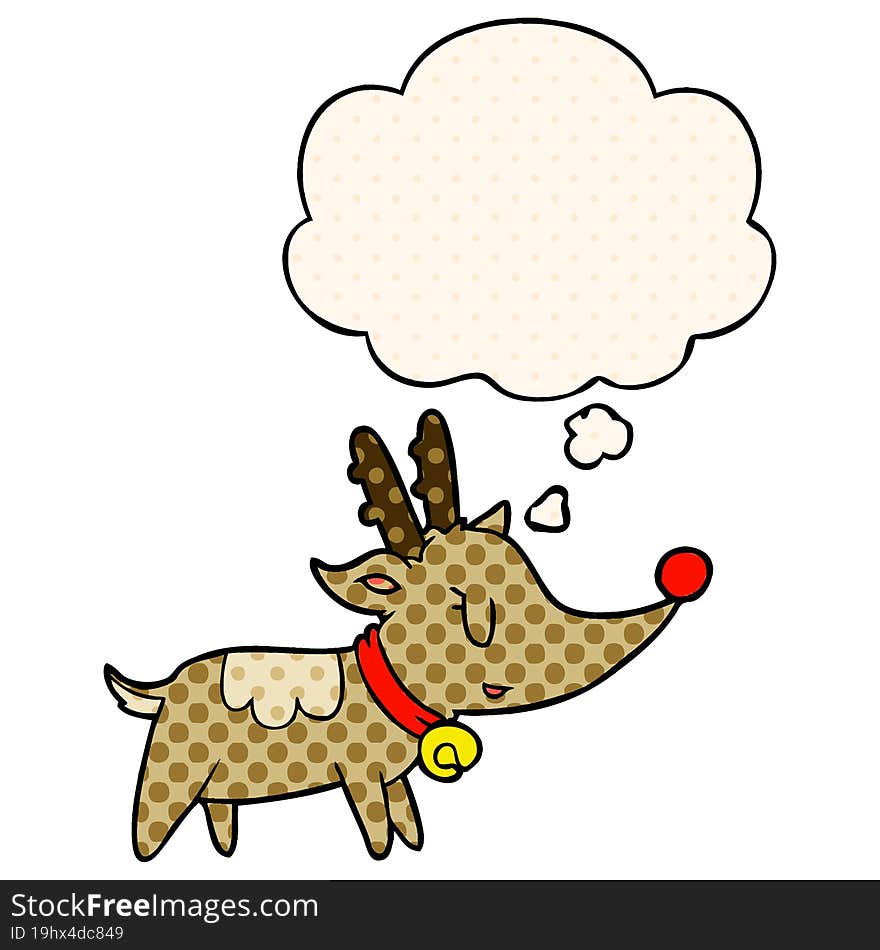 cartoon christmas reindeer with thought bubble in comic book style