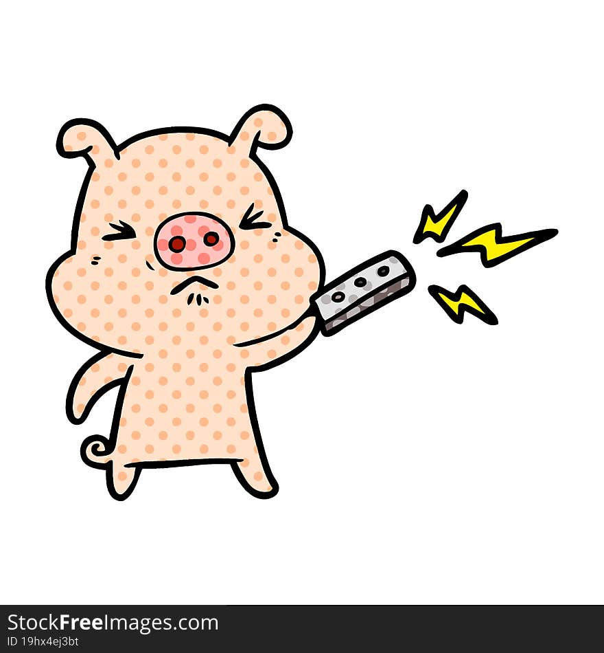 cartoon grumpy pig with remote control. cartoon grumpy pig with remote control