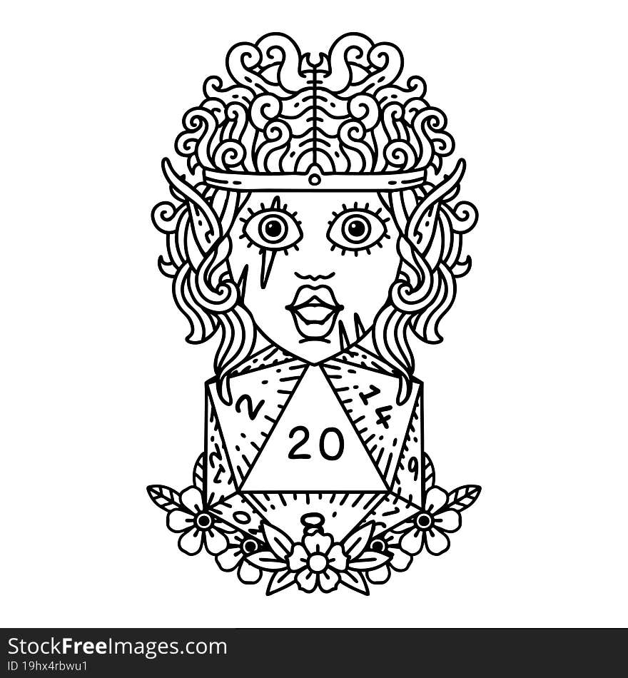 Black and White Tattoo linework Style elf barbarian character with natural twenty dice roll. Black and White Tattoo linework Style elf barbarian character with natural twenty dice roll