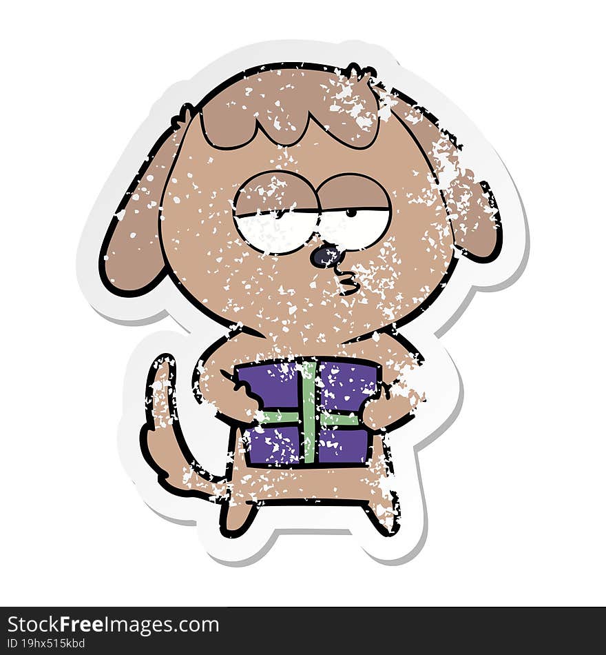 Distressed Sticker Of A Cartoon Bored Dog With Christmas Present