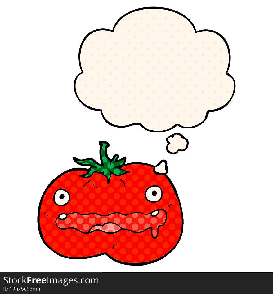 cartoon tomato and thought bubble in comic book style