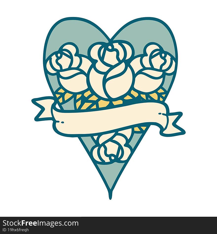 iconic tattoo style image of a heart and banner with flowers. iconic tattoo style image of a heart and banner with flowers