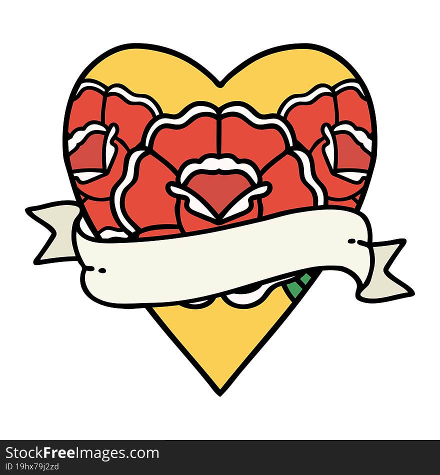 traditional tattoo of a heart and banner with flowers