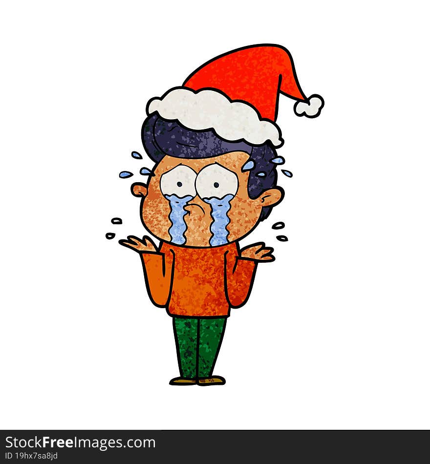 textured cartoon of a crying man wearing santa hat