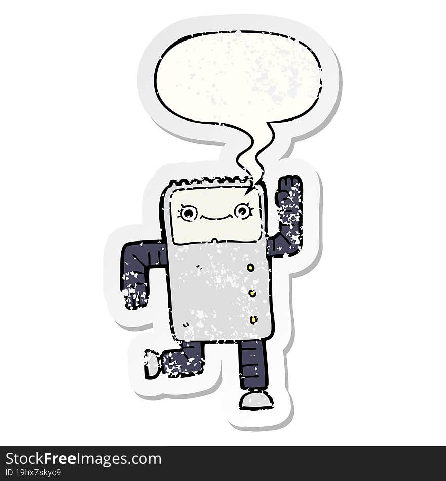 cartoon robot with speech bubble distressed distressed old sticker. cartoon robot with speech bubble distressed distressed old sticker