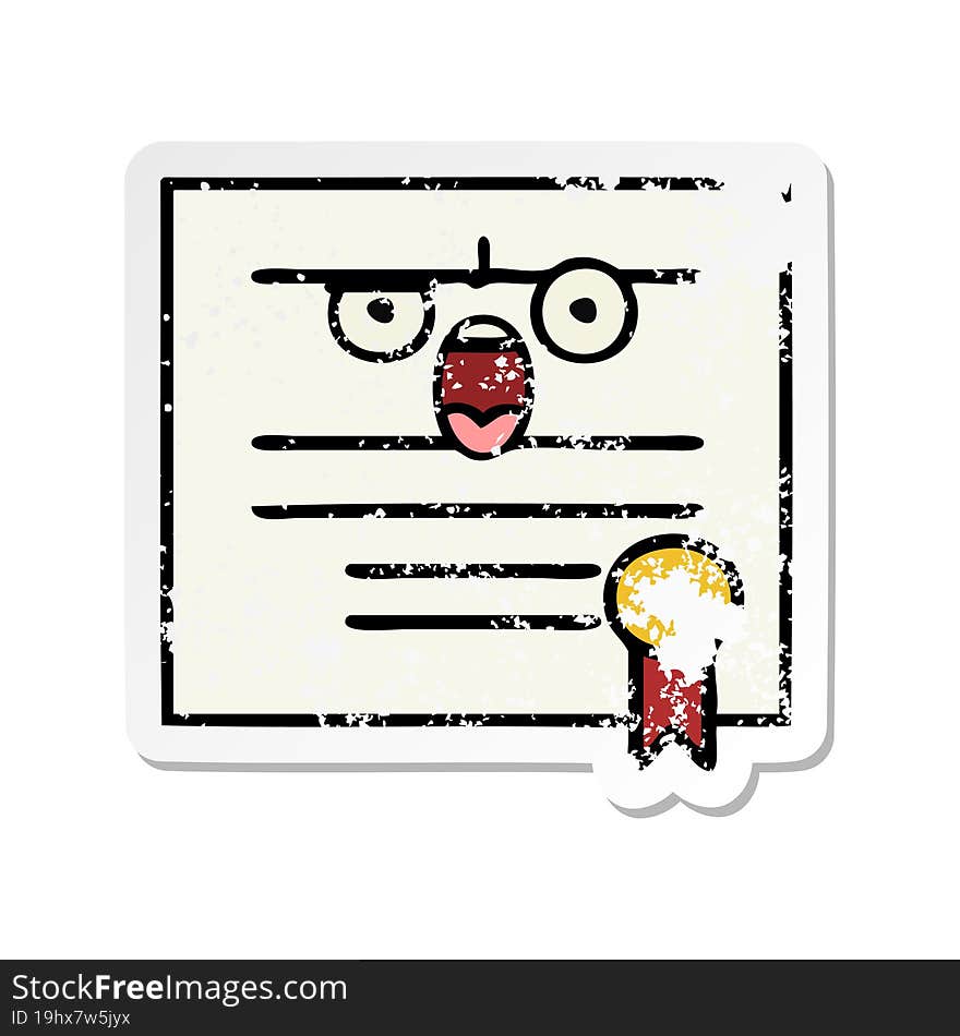 distressed sticker of a cute cartoon graduation diploma