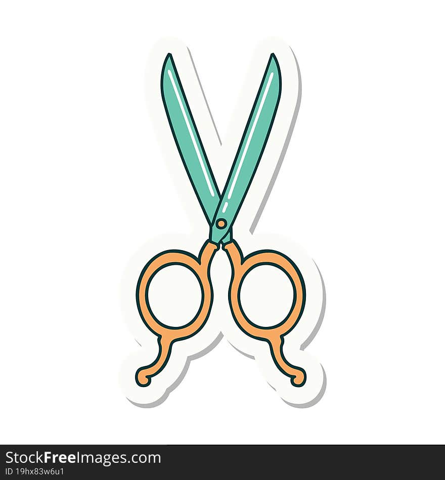 sticker of tattoo in traditional style of barber scissors. sticker of tattoo in traditional style of barber scissors