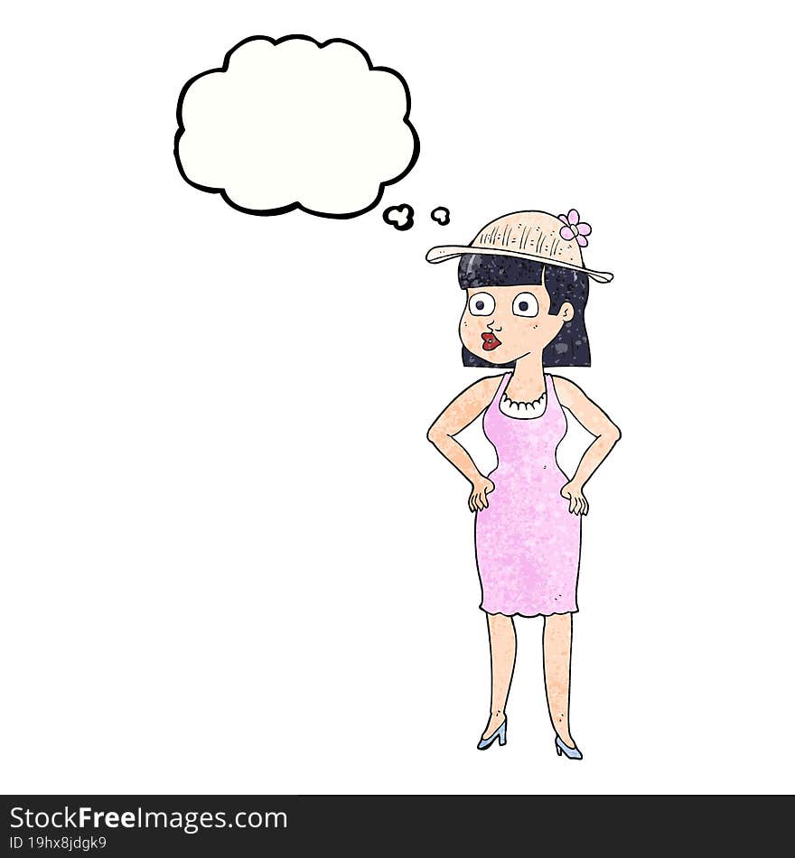 freehand drawn thought bubble textured cartoon woman wearing sun hat