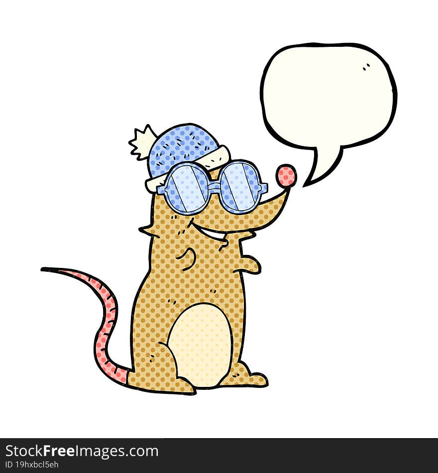 Comic Book Speech Bubble Cartoon Mouse Wearing Glasses And Hat