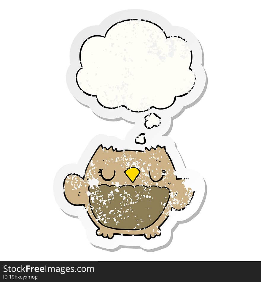 cartoon owl and thought bubble as a distressed worn sticker