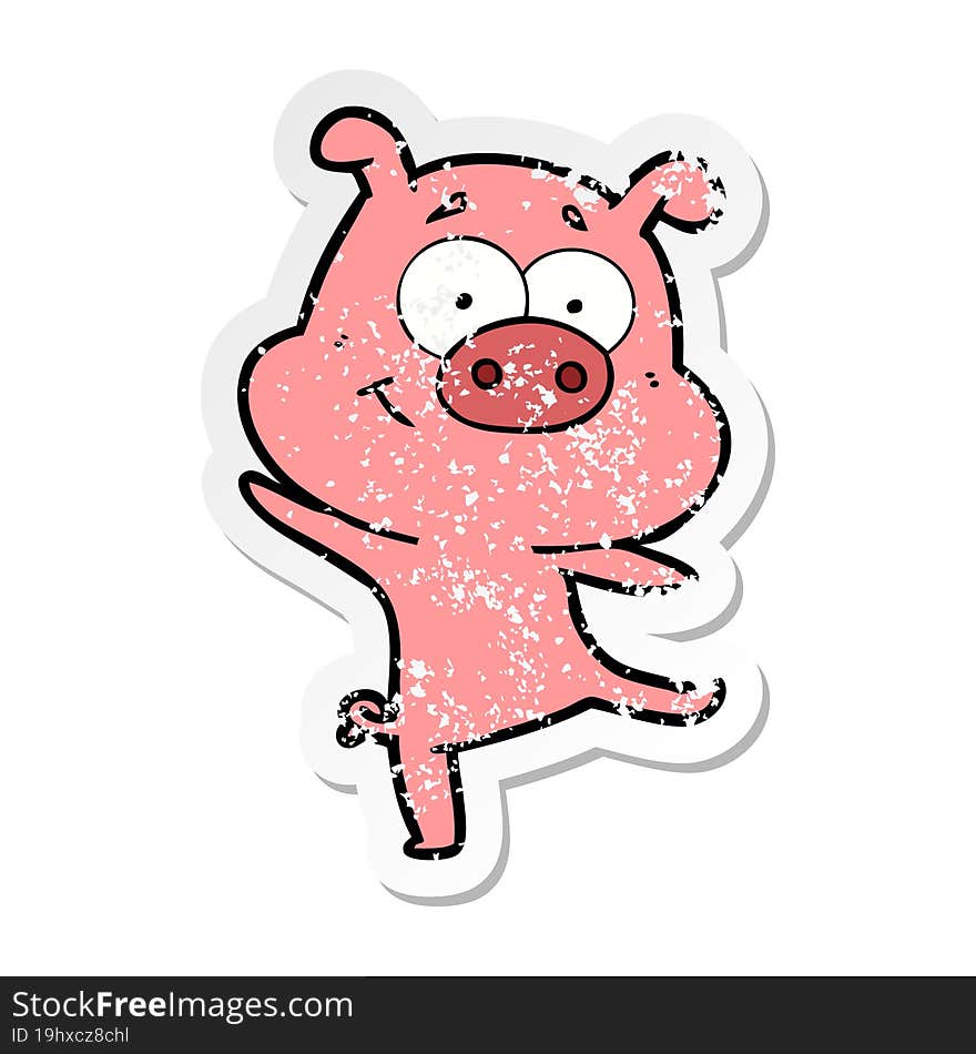 distressed sticker of a happy cartoon pig dancing