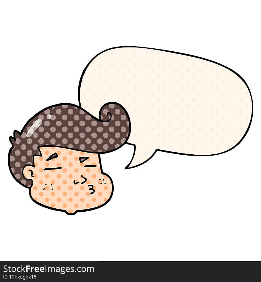 cartoon boy\'s face with speech bubble in comic book style