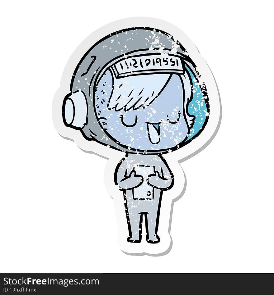 distressed sticker of a cartoon astronaut woman