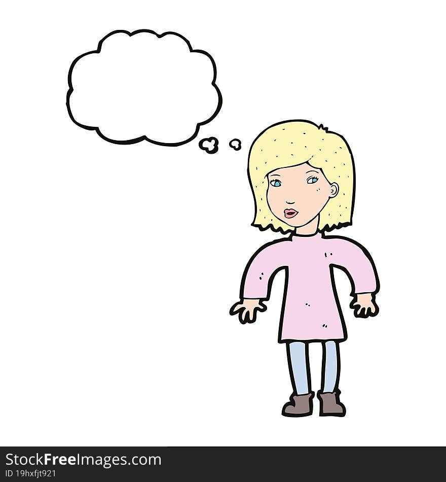 cartoon cautious woman with thought bubble