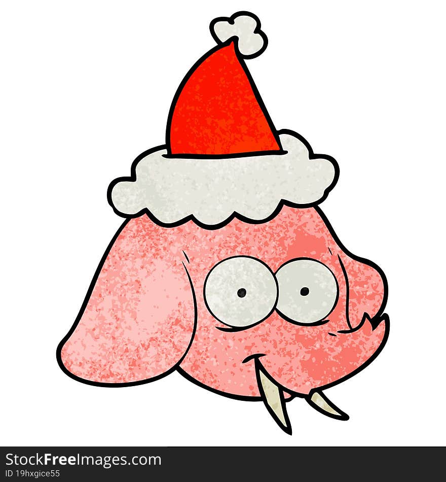 hand drawn textured cartoon of a elephant face wearing santa hat