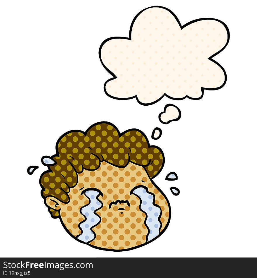 cartoon crying boy with thought bubble in comic book style