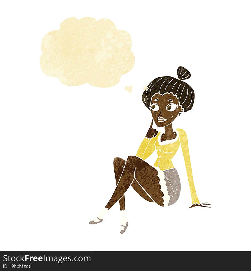 Cartoon Attractive Woman Sitting Thinking With Thought Bubble