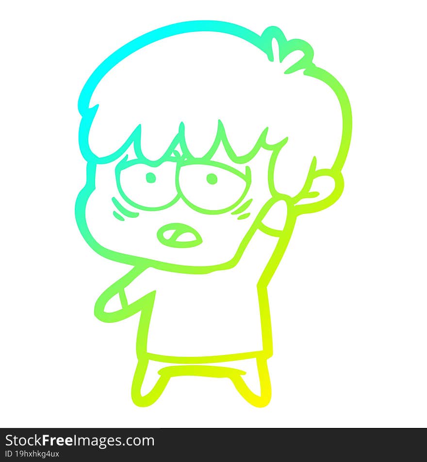 cold gradient line drawing cartoon exhausted boy