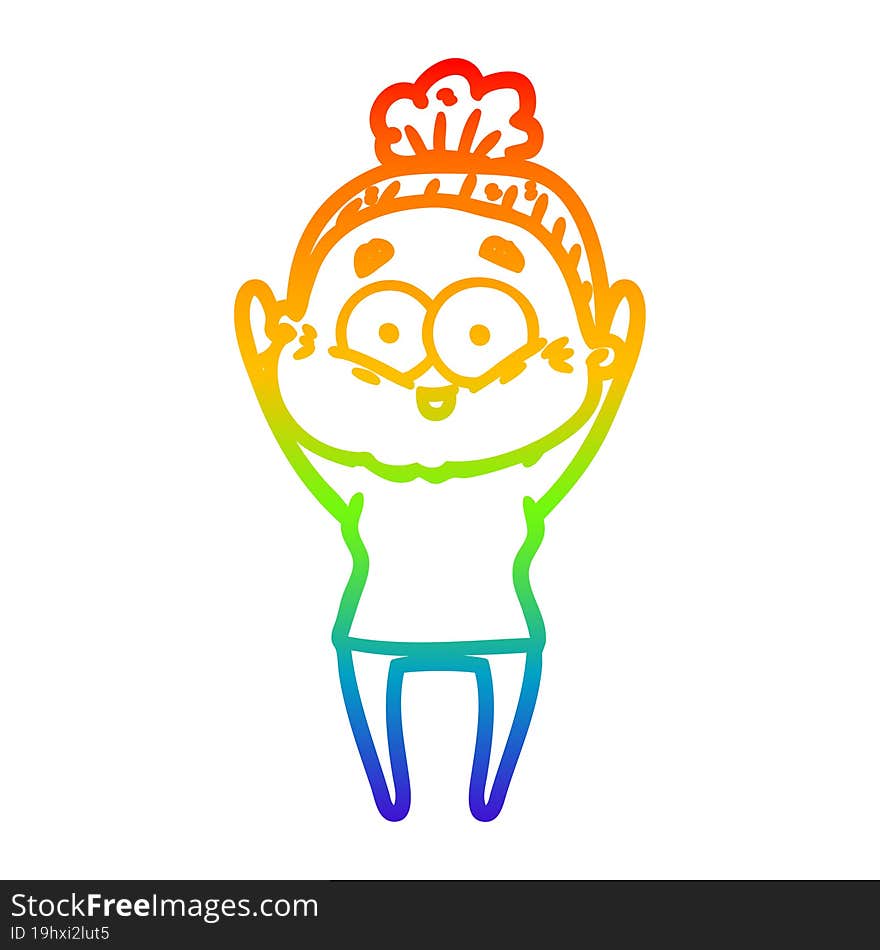 rainbow gradient line drawing of a cartoon happy old woman