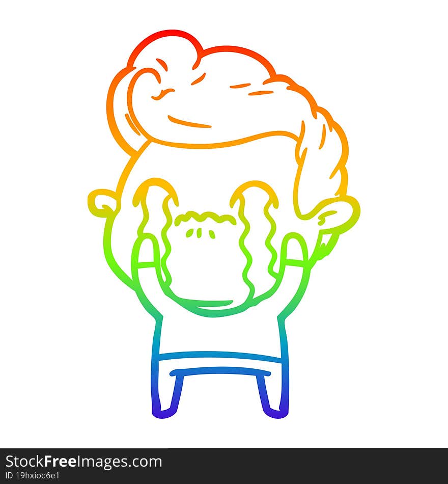 rainbow gradient line drawing of a cartoon man crying