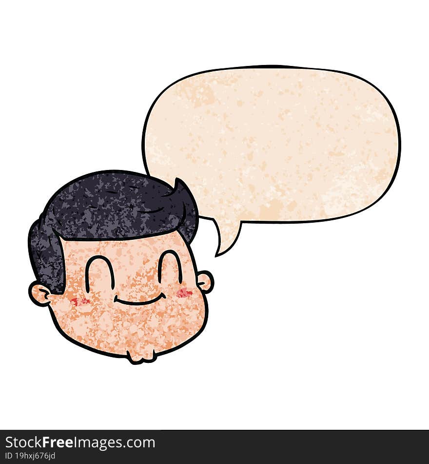 cartoon male face and speech bubble in retro texture style