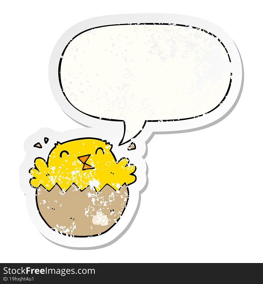 cartoon hatching chick with speech bubble distressed distressed old sticker. cartoon hatching chick with speech bubble distressed distressed old sticker