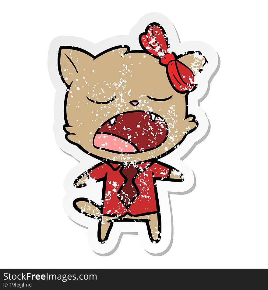 distressed sticker of a cartoon yawning cat