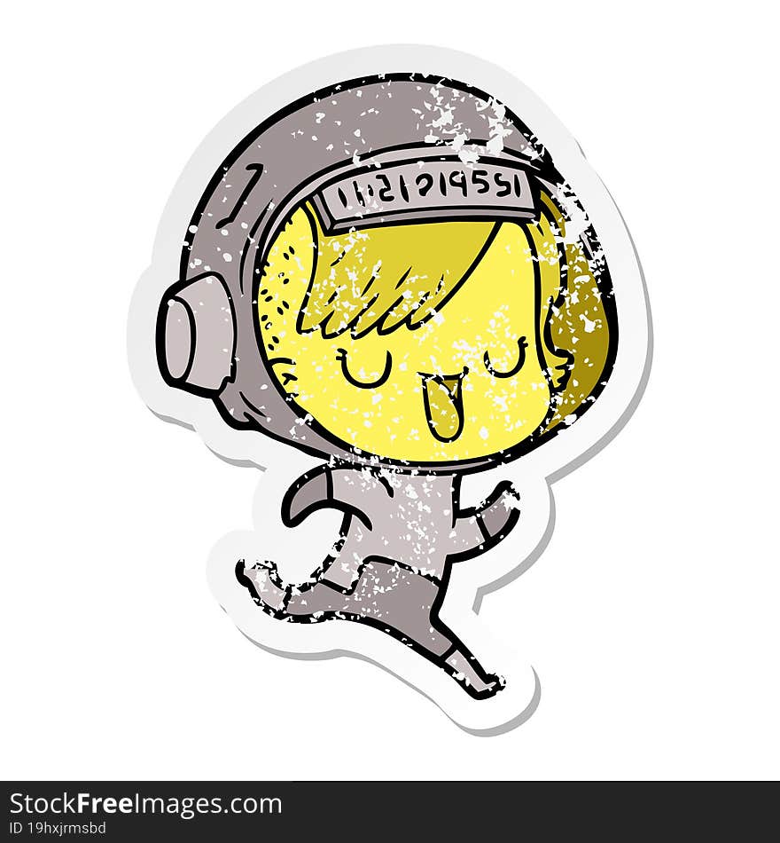 distressed sticker of a cartoon astronaut woman