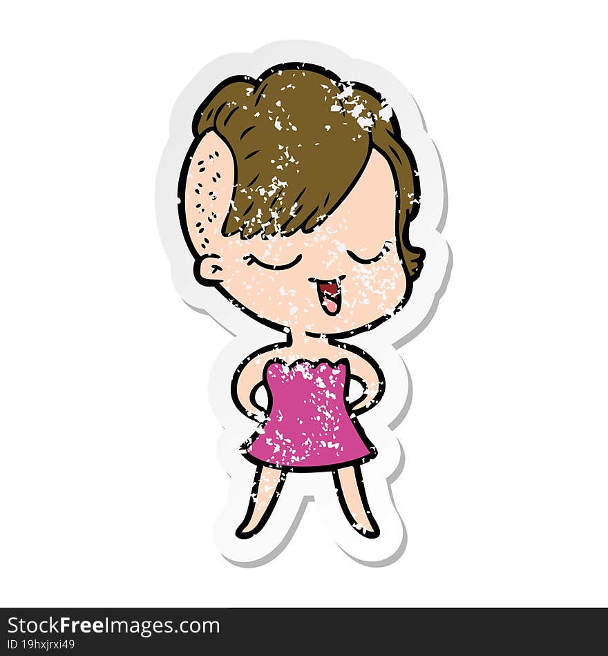 Distressed Sticker Of A Happy Cartoon Girl In Cocktail Dress