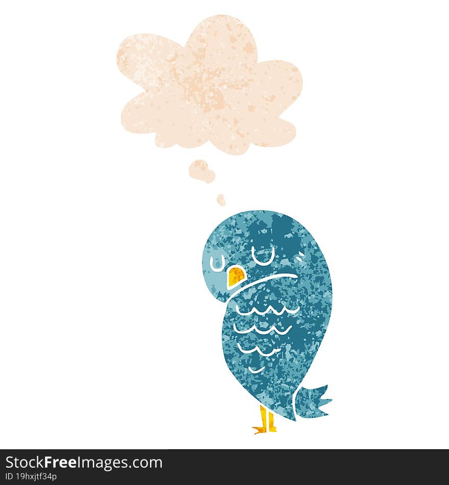 cartoon bird and thought bubble in retro textured style