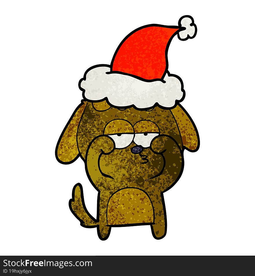 textured cartoon of a tired dog wearing santa hat