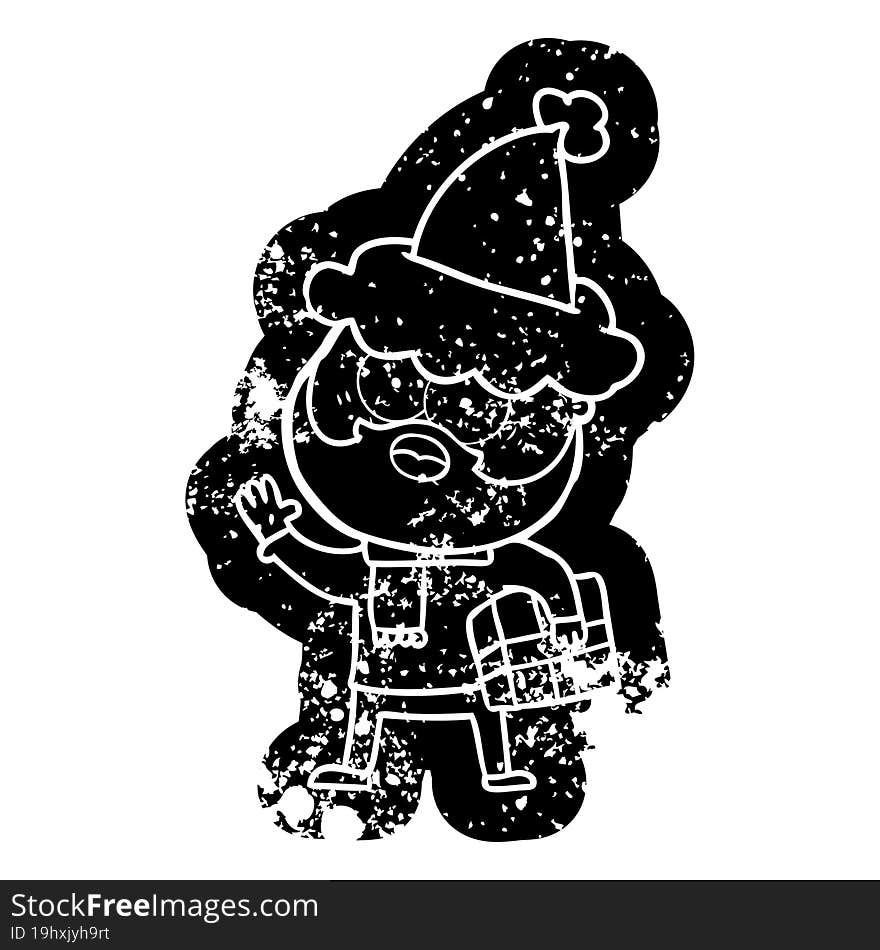 Cartoon Distressed Icon Of A Bearded Man With Present Wearing Santa Hat