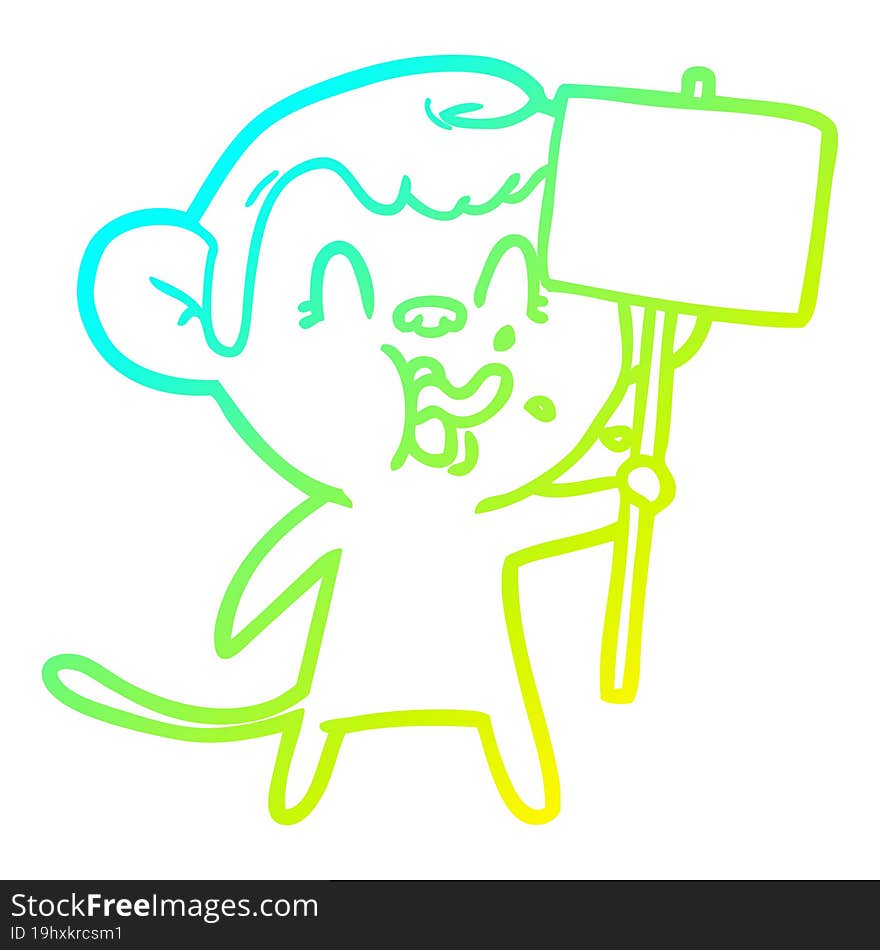 cold gradient line drawing crazy cartoon monkey with sign