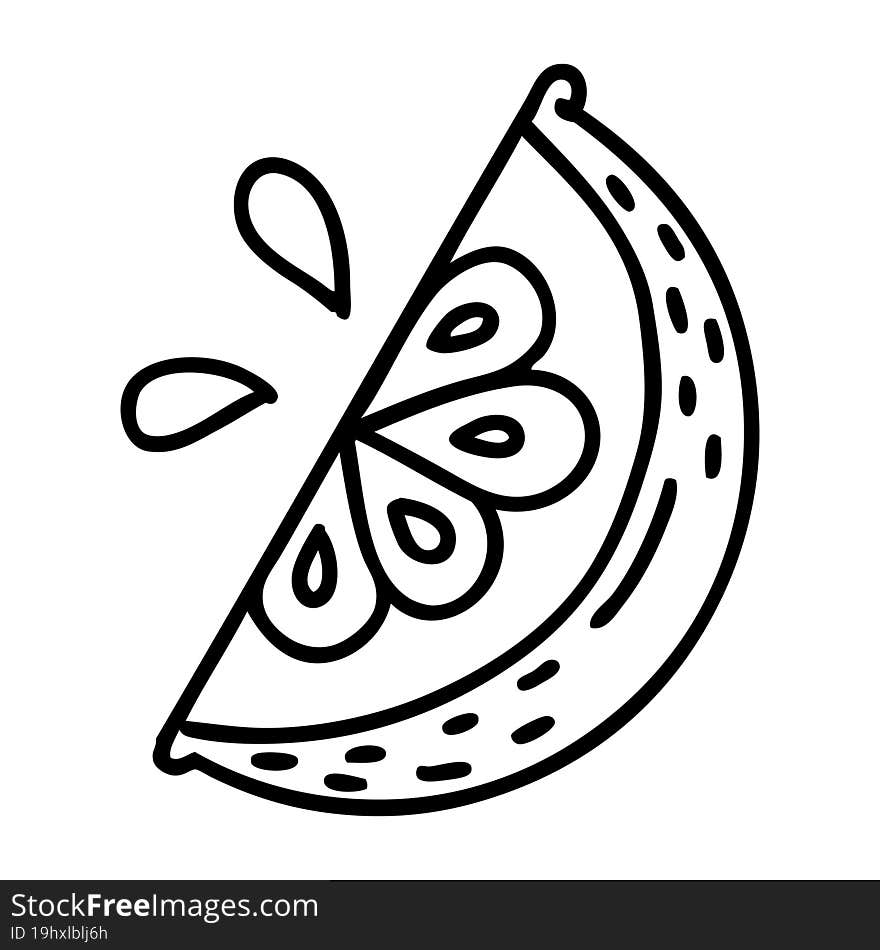 tattoo in black line style of a slice of lemon. tattoo in black line style of a slice of lemon