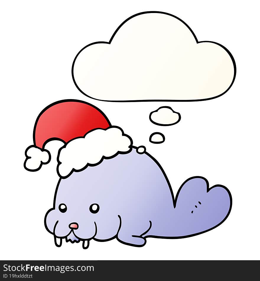 cartoon christmas walrus and thought bubble in smooth gradient style