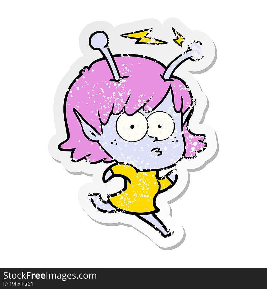 distressed sticker of a cartoon alien girl