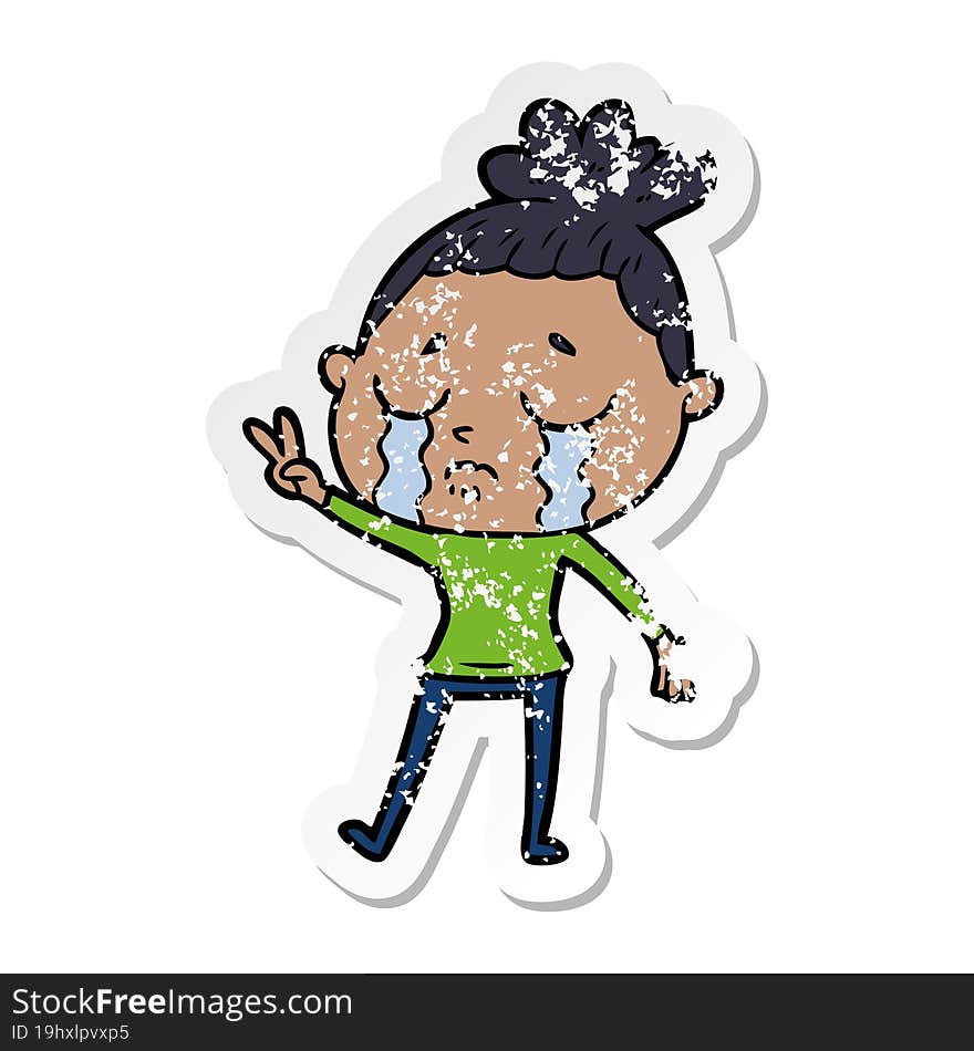 distressed sticker of a cartoon crying woman