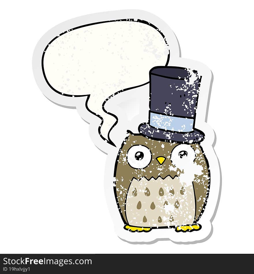 Cartoon Owl Wearing Top Hat And Speech Bubble Distressed Sticker