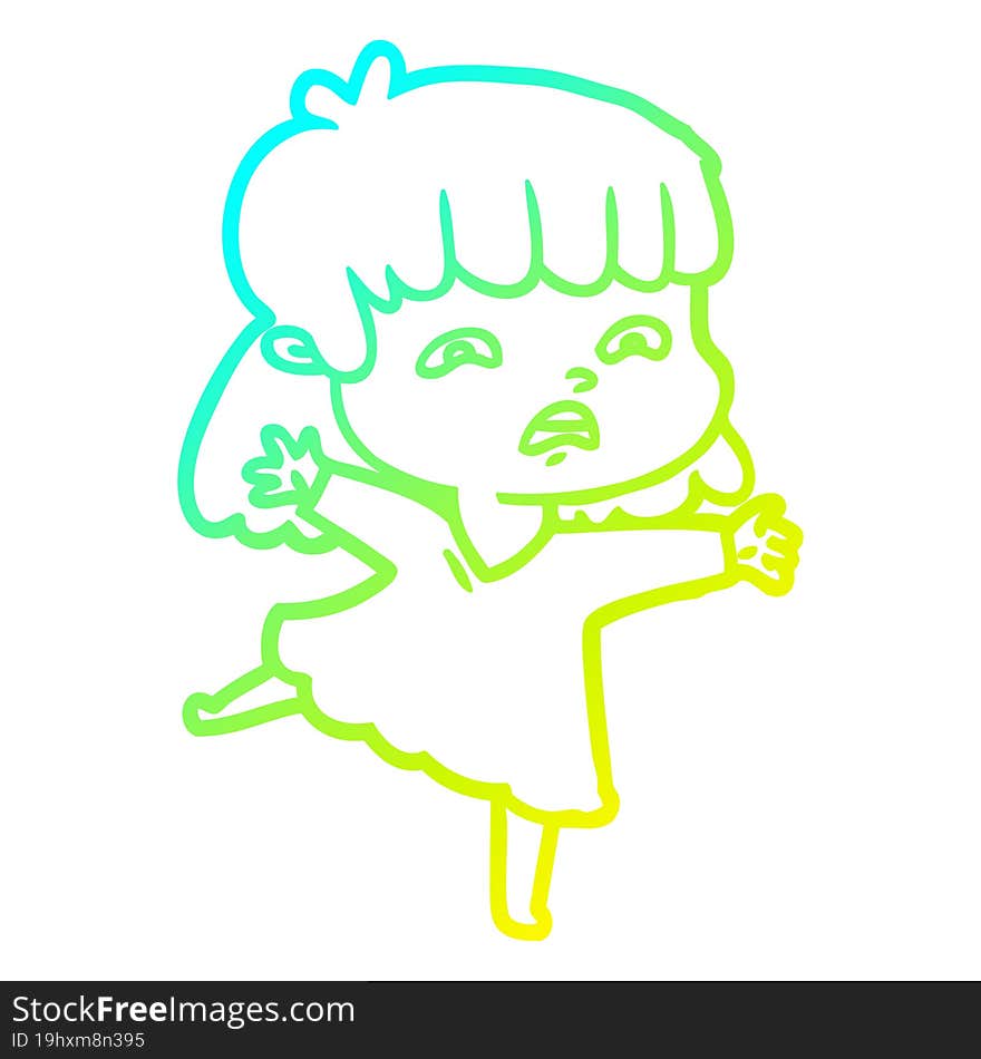 cold gradient line drawing cartoon worried woman