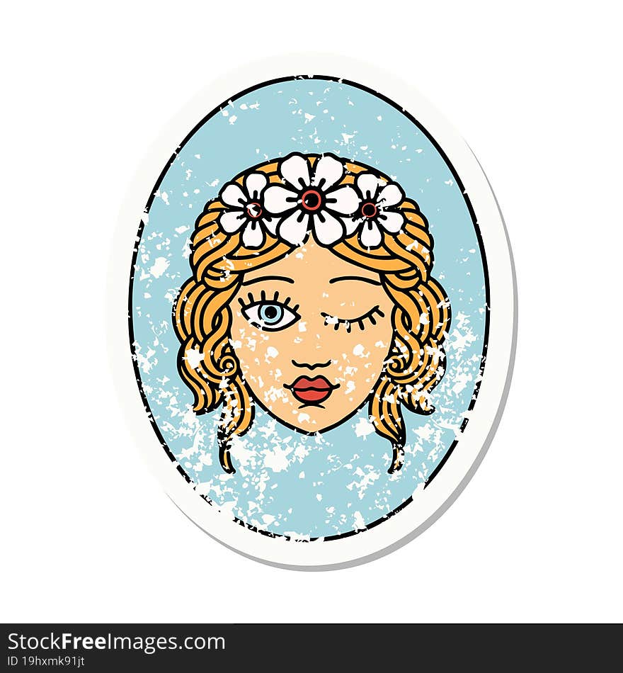 distressed sticker tattoo in traditional style of a maiden with crown of flowers winking. distressed sticker tattoo in traditional style of a maiden with crown of flowers winking