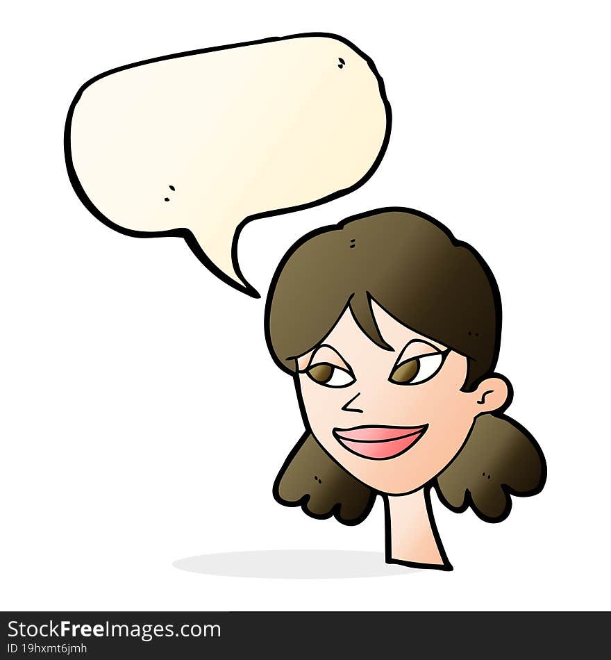 cartoon happy female face with speech bubble