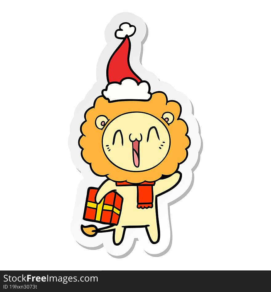 happy sticker cartoon of a lion wearing santa hat