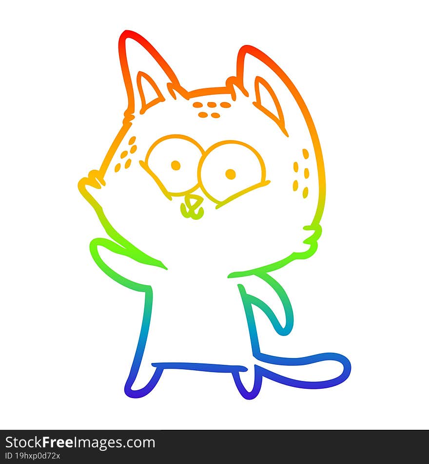 Rainbow Gradient Line Drawing Cartoon Cat Waving