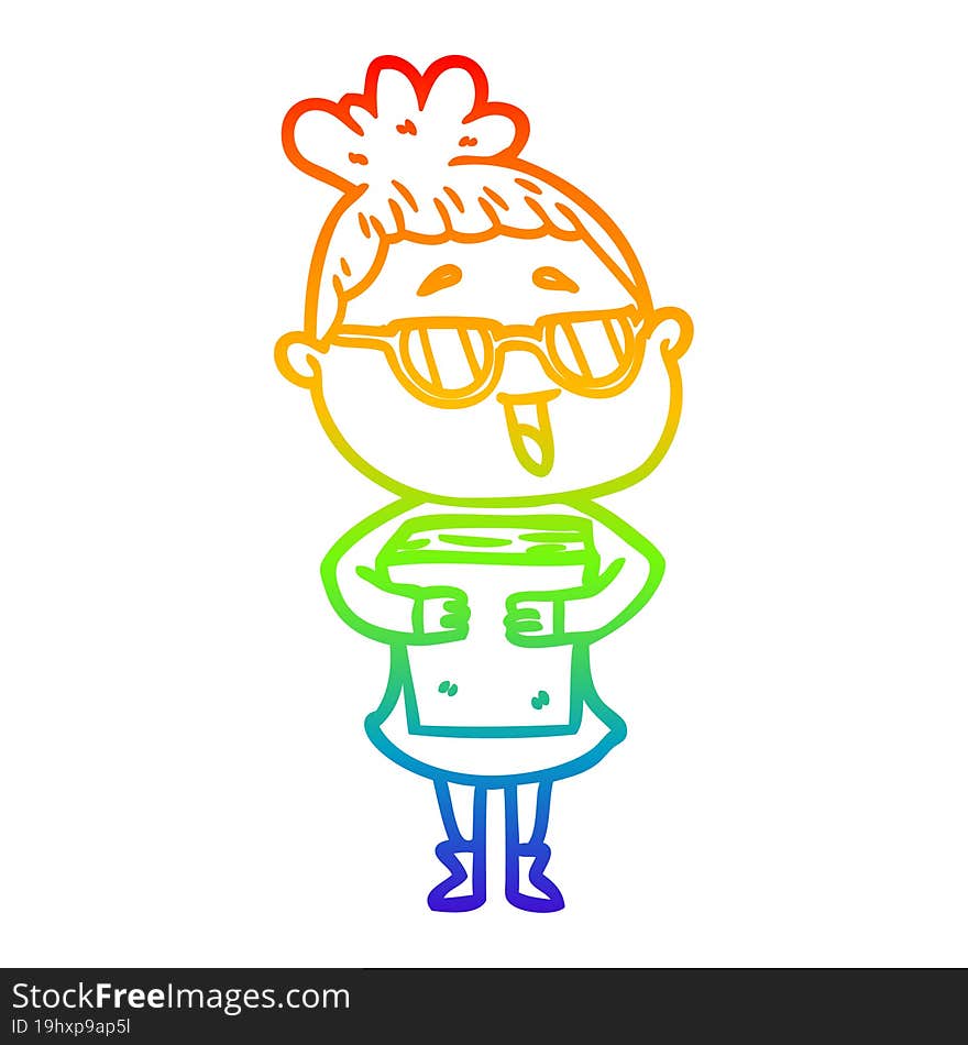 Rainbow Gradient Line Drawing Cartoon Happy Woman Wearing Spectacles