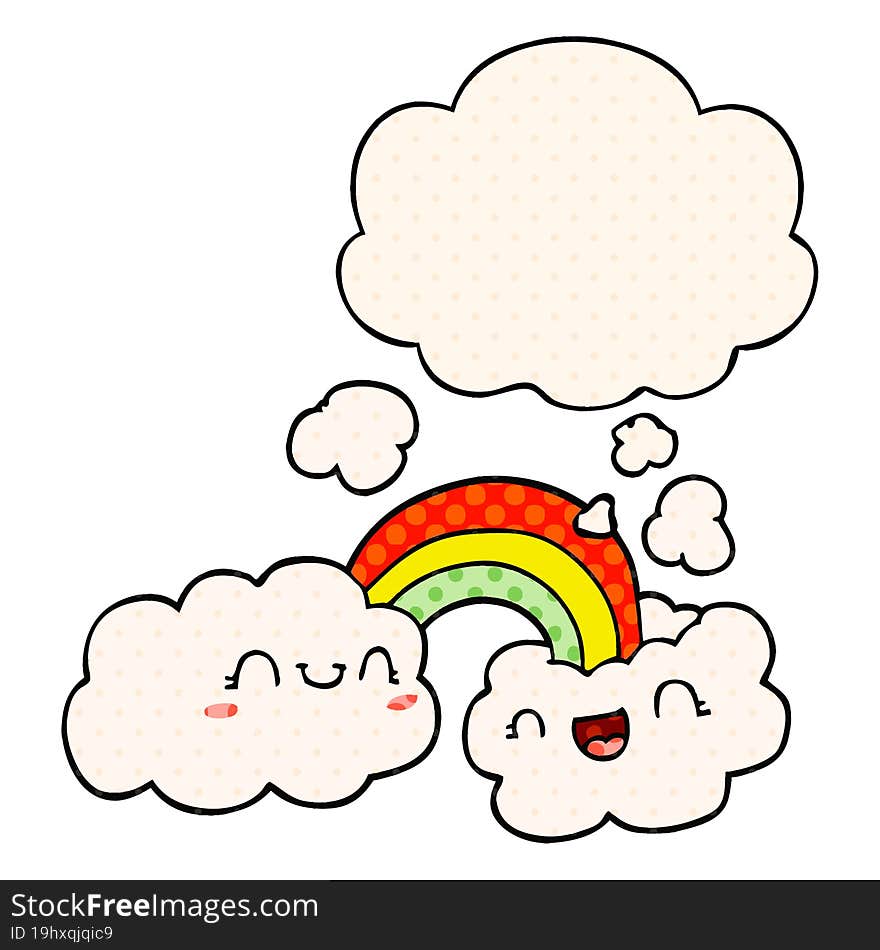 happy cartoon clouds and rainbow with thought bubble in comic book style