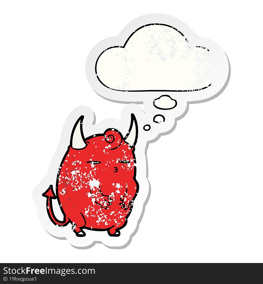 cartoon halloween devil with thought bubble as a distressed worn sticker