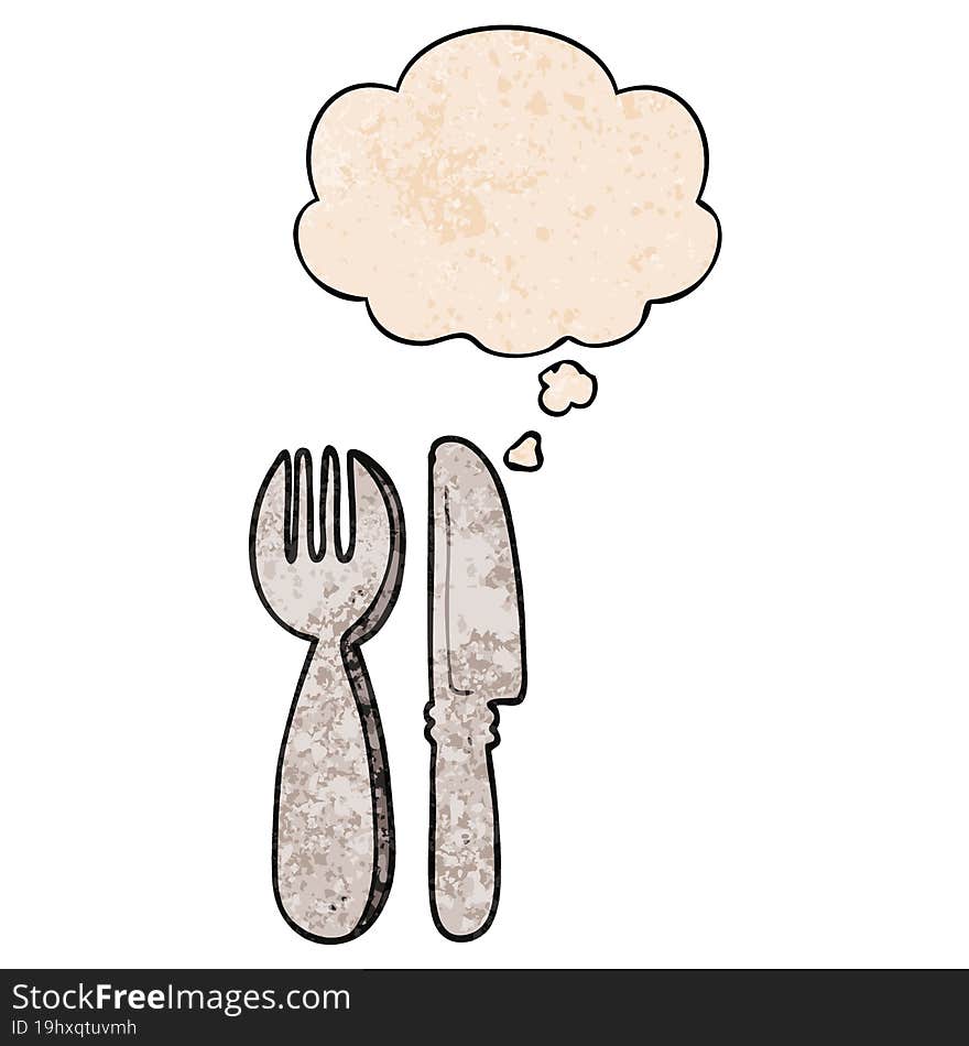 cartoon knife and fork with thought bubble in grunge texture style. cartoon knife and fork with thought bubble in grunge texture style