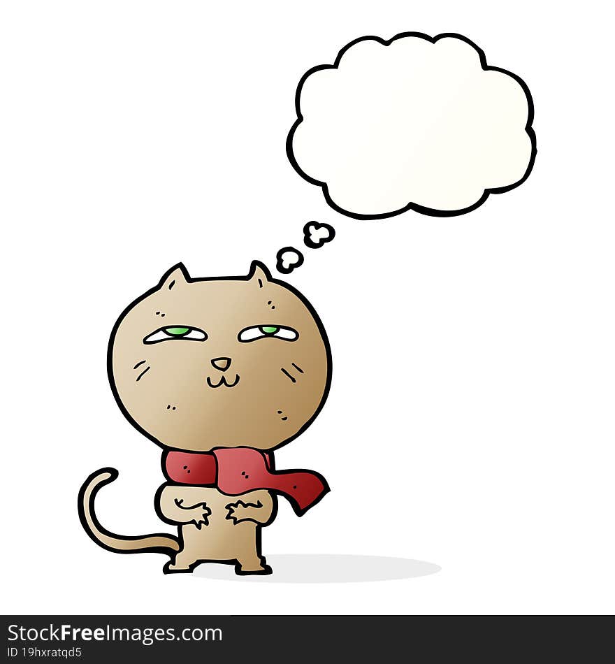 Cartoon Funny Cat Wearing Scarf With Thought Bubble