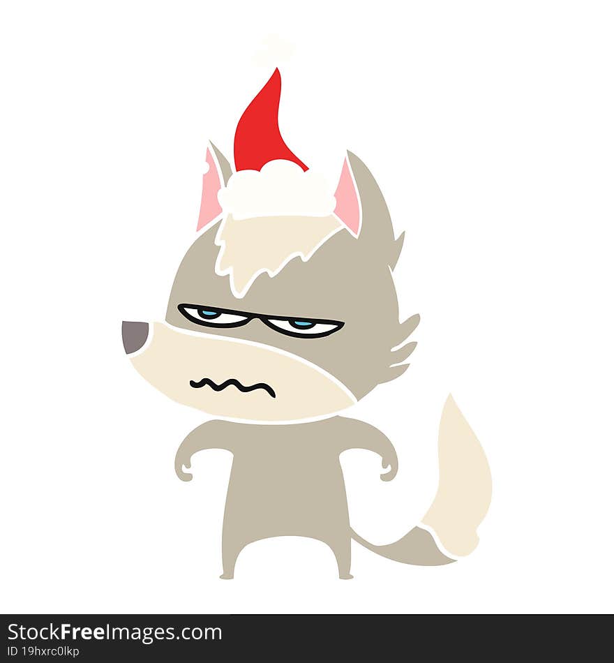 flat color illustration of a annoyed wolf wearing santa hat